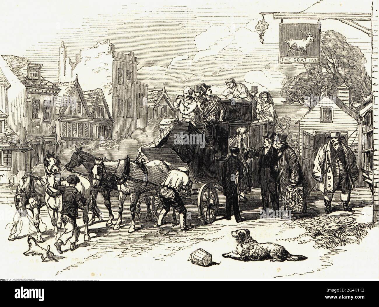 Trasporto / trasporto, pullman, diligenza, cambiare cavalli in ostello, incisione del legno, Inghilterra, 1851, ARTISTA DEL COPYRIGHT NON DEVE ESSERE ELIMINATO Foto Stock