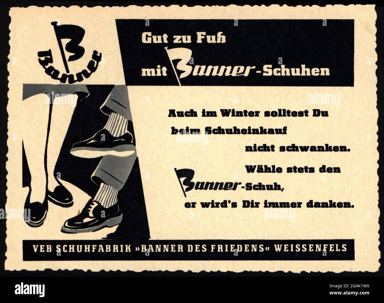 Pubblicità, calzature, Banner-Schuhe, VEB Schuhfabrik 'Banner des Friedens', Weissenfels, pubblicità, DIRITTI-AGGIUNTIVI-AUTORIZZAZIONE-INFORMAZIONI-NON-DISPONIBILI Foto Stock