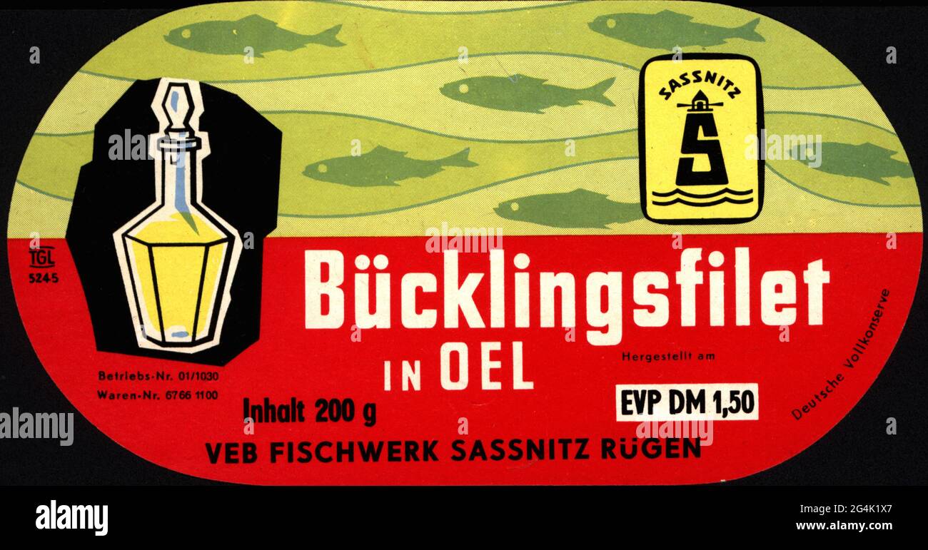 Cibo, alimenti in scatola, filetto di aringa affumicato in olio, etichetta di stagno, VEB Fischwerk Sassnitz, anni settanta, DIRITTI-AGGIUNTIVI-CLEARANCE-INFO-NON-DISPONIBILE Foto Stock