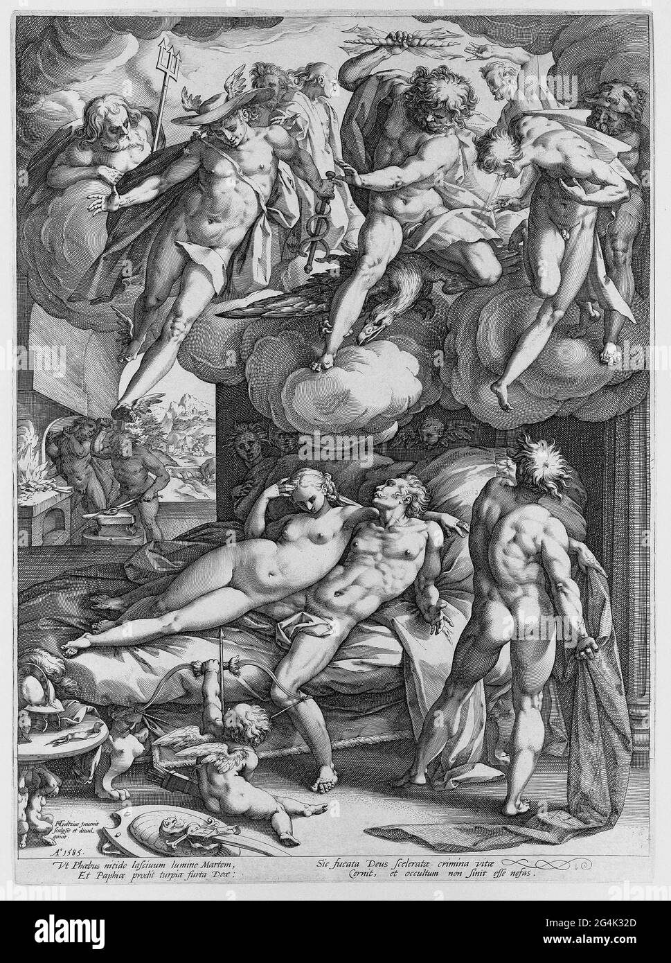 . Vulcanus è pronto a prendere la sua donna adultera Venere e il suo amante Marte in una rete auto-portata. Una folla di divinità maschili guarda dal cielo. Sulla sinistra sullo sfondo si può vedere come Vulcanus ha appena prodotto. Sotto la mostra quattro righe di latino. Foto Stock