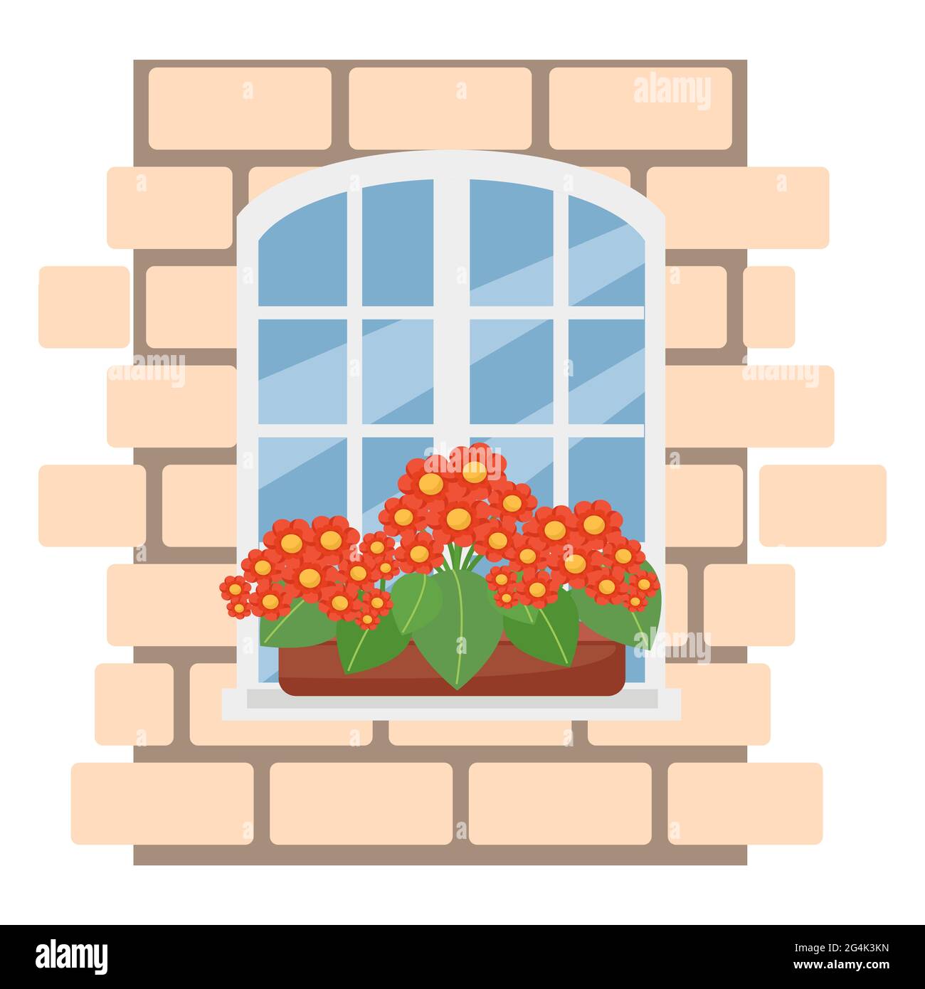 Scatola con fiori sulla finestra, muro in mattoni con finestra rossa bianca, illustrazione vettoriale in stile piatto, cartone animato, isolato Illustrazione Vettoriale