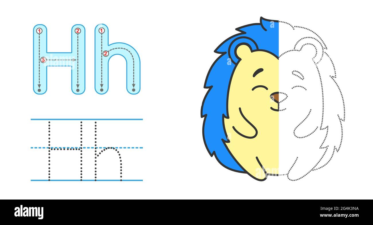 Tracciare la lettera e l'immagine e colorarla. Bambini educativi che tracciano il gioco. Alfabeto da colorare. Lettera H e divertente cartone animato hedgehog Illustrazione Vettoriale