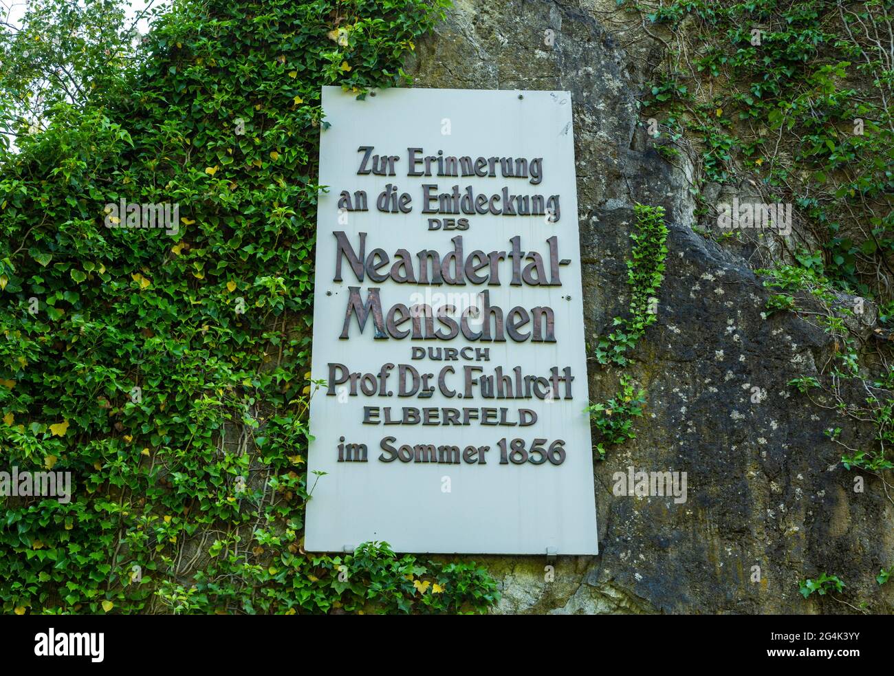 Germania, Erkrath, Bergisches Land, Niederbergisches Land, Niederberg, Renania, Renania Settentrionale-Vestfalia, NRW, storia umana, scavi, Sito archeologico di Neandertal, Rupe di Rabenstein all'ingresso della Grotta Feldhof dove erano stati trovati resti umani dell'uomo Neanderthal Homo sapiens neanderthalensis, lapide di ricordo di Johann Carl Fuhlrott Foto Stock