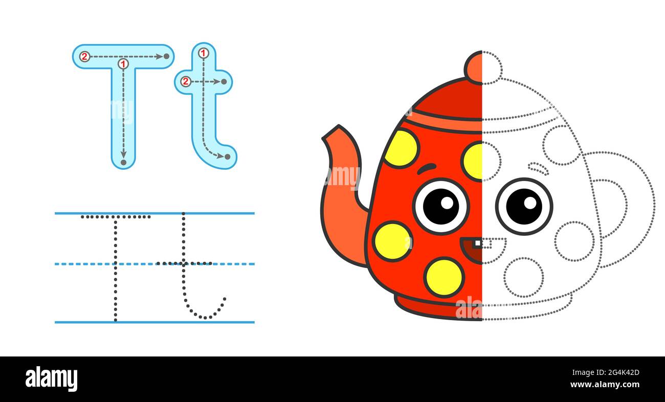Tracciare la lettera e l'immagine e colorarla. Bambini educativi che tracciano il gioco. Alfabeto da colorare. Lettera T e divertente Teapot Illustrazione Vettoriale
