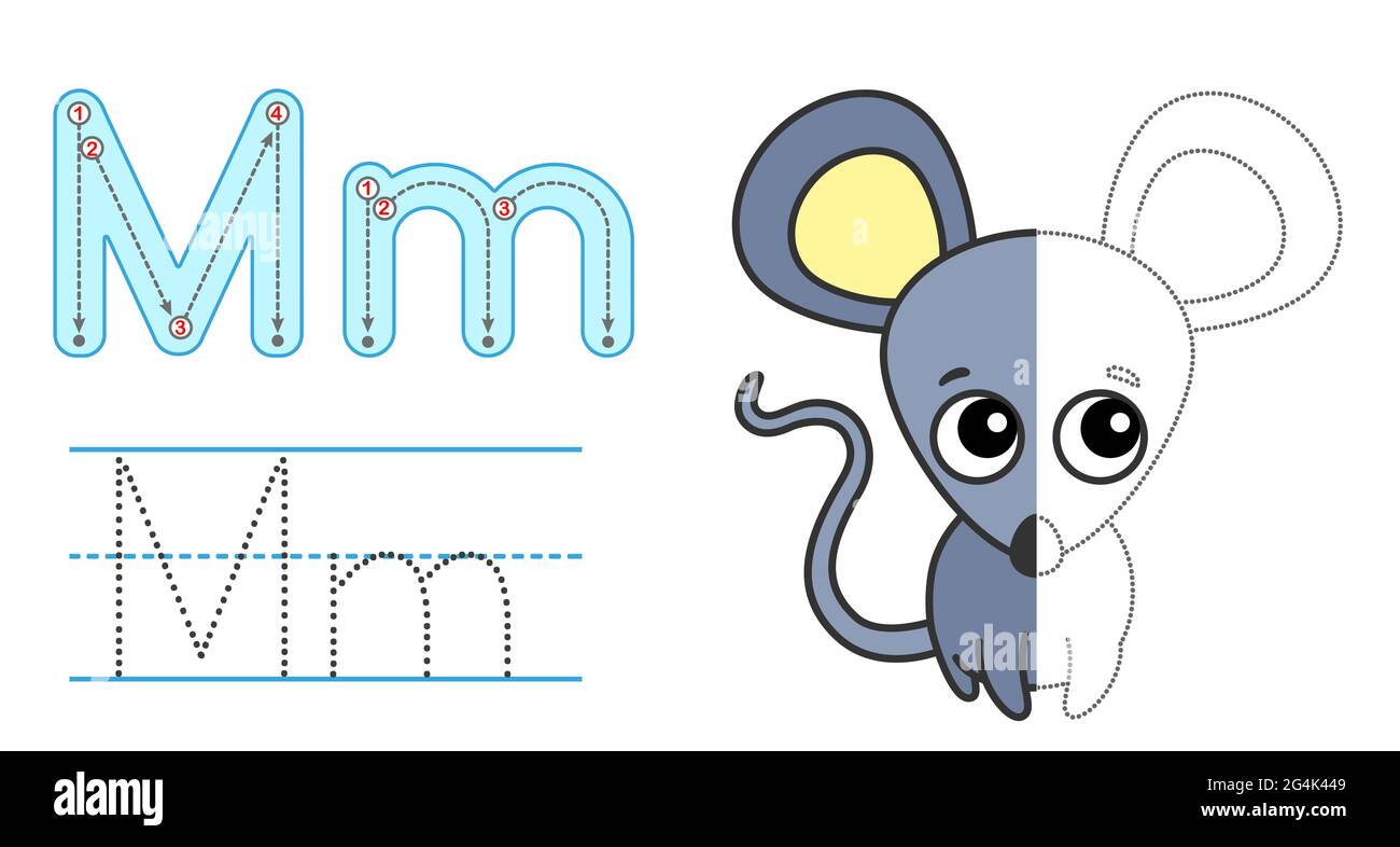 Tracciare la lettera e l'immagine e colorarla. Bambini educativi che tracciano il gioco. Alfabeto da colorare. Lettera M e mouse divertente Illustrazione Vettoriale