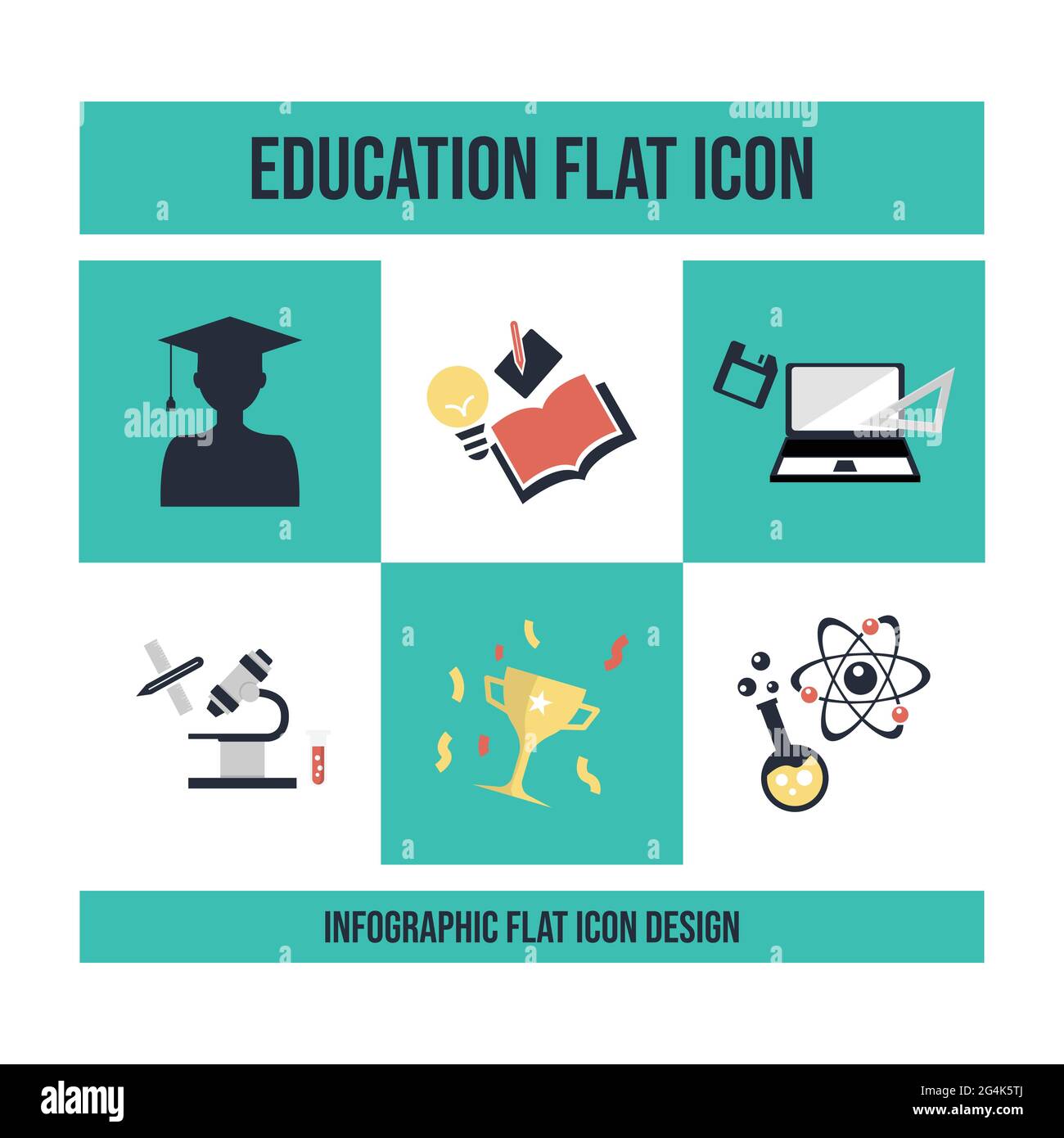 Istruzione scolastica flat infografiche icone immagine vettoriale. Infografica didattica disegno piano, grafico delle competenze educative che cresce dal libro, icona delle competenze An Illustrazione Vettoriale