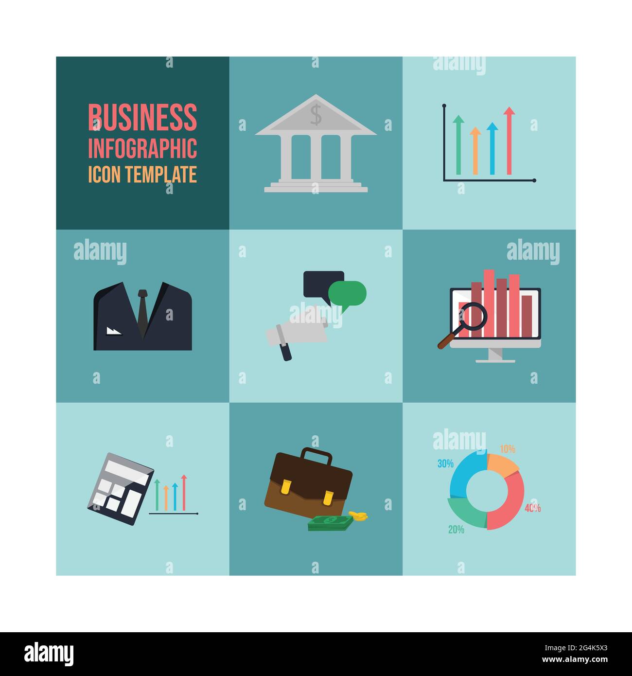 Concetto di icone piatte per il business e la finanza. Progettazione di modelli di infografiche aziendali. Finanza aziendale vettoriale. Icone di progettazione dell'infografica sul Web. Illustrazione Vettoriale