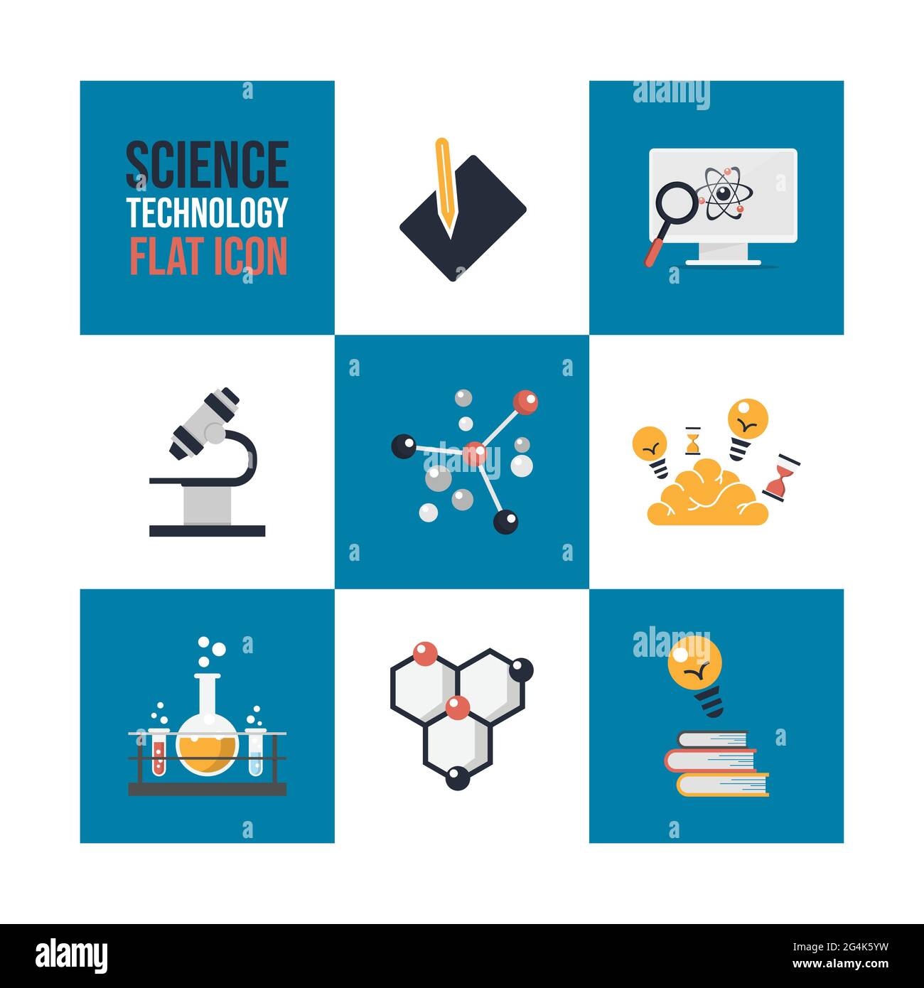 Icone di design piatto immagine vettoriale scientifica infografica. Icone della scienza e del laboratorio. Per presentazioni, grafica, applicazioni mobili, web design, in Illustrazione Vettoriale