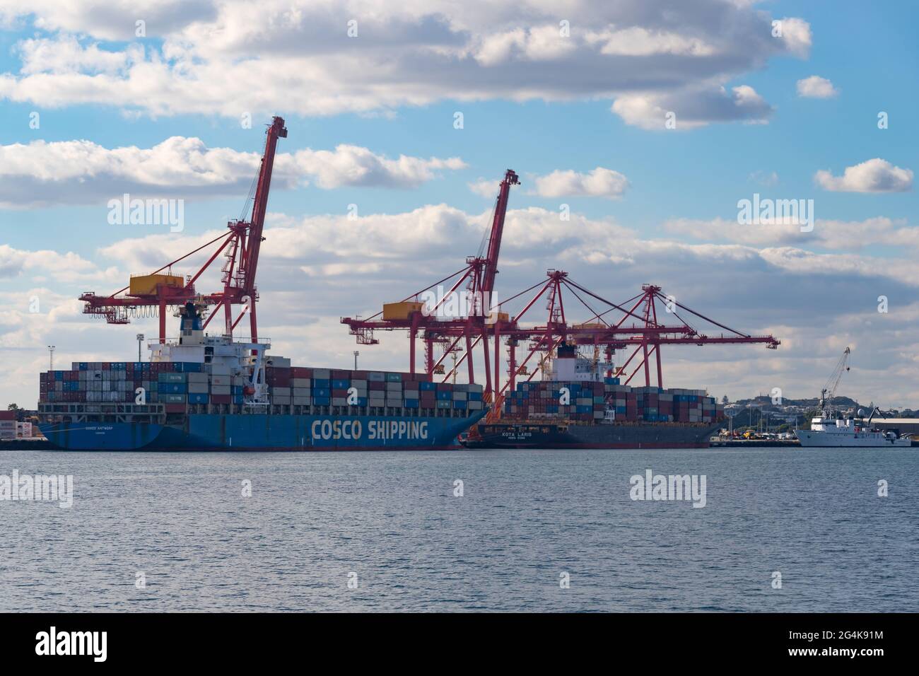 Navi portacontainer Cosco Antwerp e Kota Laris e nave di ricerca DSSV Pressure Drop a Fremantle, WA, il 2 giugno 2021. Foto Stock