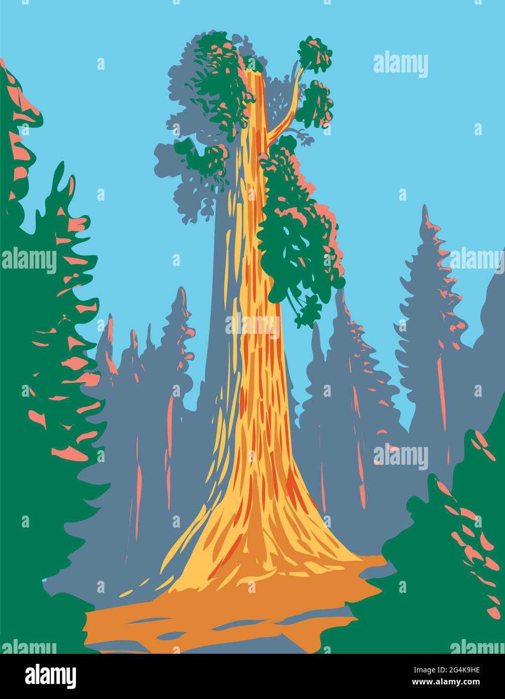 Poster WPA dell'albero General Grant, una sequoia gigante nella sezione General Grant Grove del Kings Canyon National Park in California, Stati Uniti Illustrazione Vettoriale