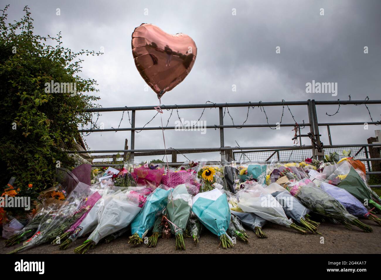 L'omicidio di Gracie Spinks. I fiori lasciarono sulla scena dell'assassinio di Gracie Spinks, vicino a Duckmanton, Derbyshire. Foto Stock