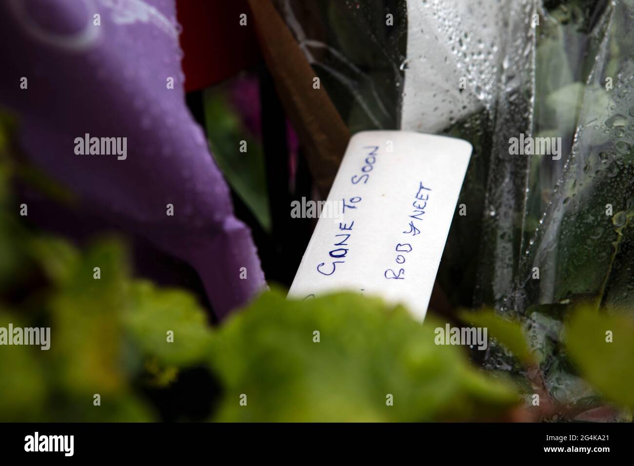 L'omicidio di Gracie Spinks. Fiori lasciati nel Giardino della rimebranza di Gracie Spinks città natale di Old Whittington, Derbyshire. Foto Stock