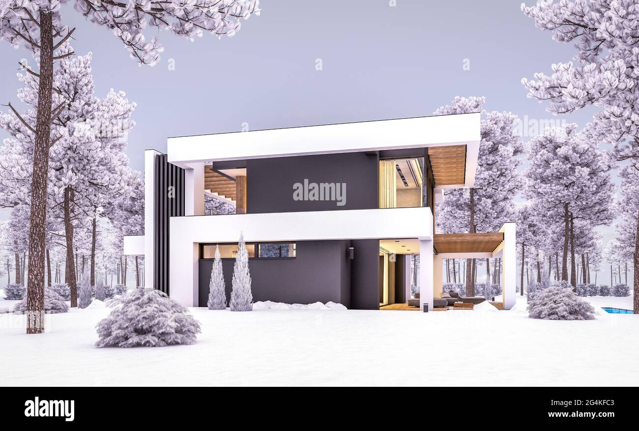 rendering 3d di casa moderna accogliente con piscina e parcheggio in vendita o in affitto in stile lussuoso e bellissimo paesaggio sullo sfondo. Inverno fresco eveni Foto Stock