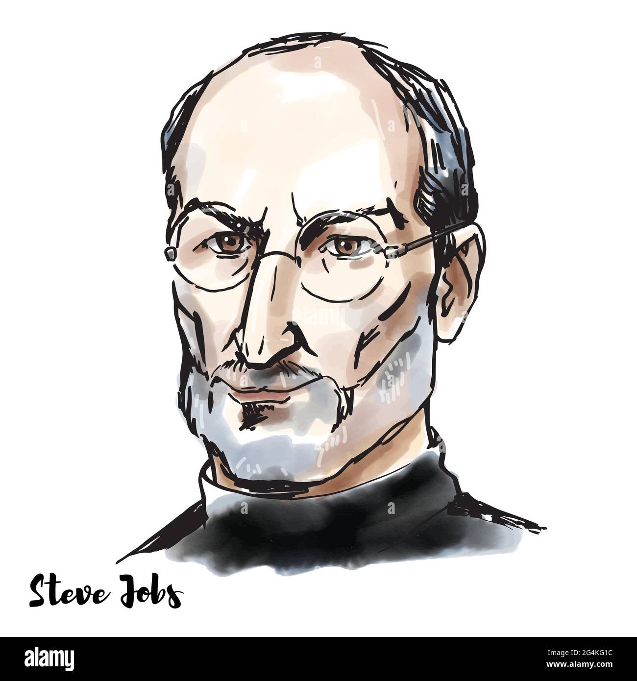 MOSCA, RUSSIA - 23 febbraio 2020: Steve Jobs ritratto vettoriale acquerello con contorni di inchiostro. Magnate americano di affari, progettista industriale, investitore, Illustrazione Vettoriale