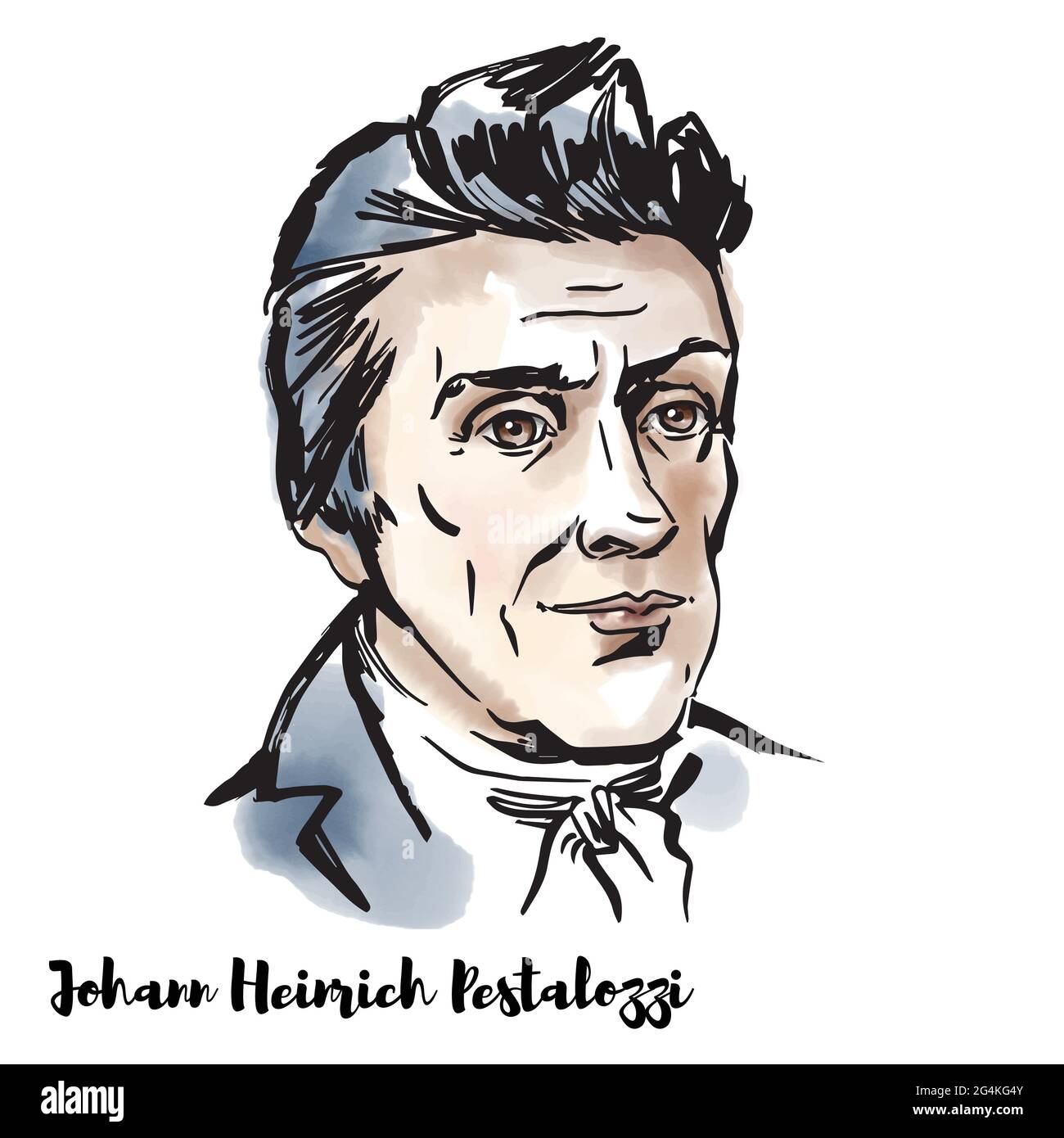 Johann Heinrich Pestalozzi ritratto vettoriale acquerello inciso con contorni a inchiostro. Pedagogo svizzero e riformatore educativo che esemplifica il romanticismo Illustrazione Vettoriale