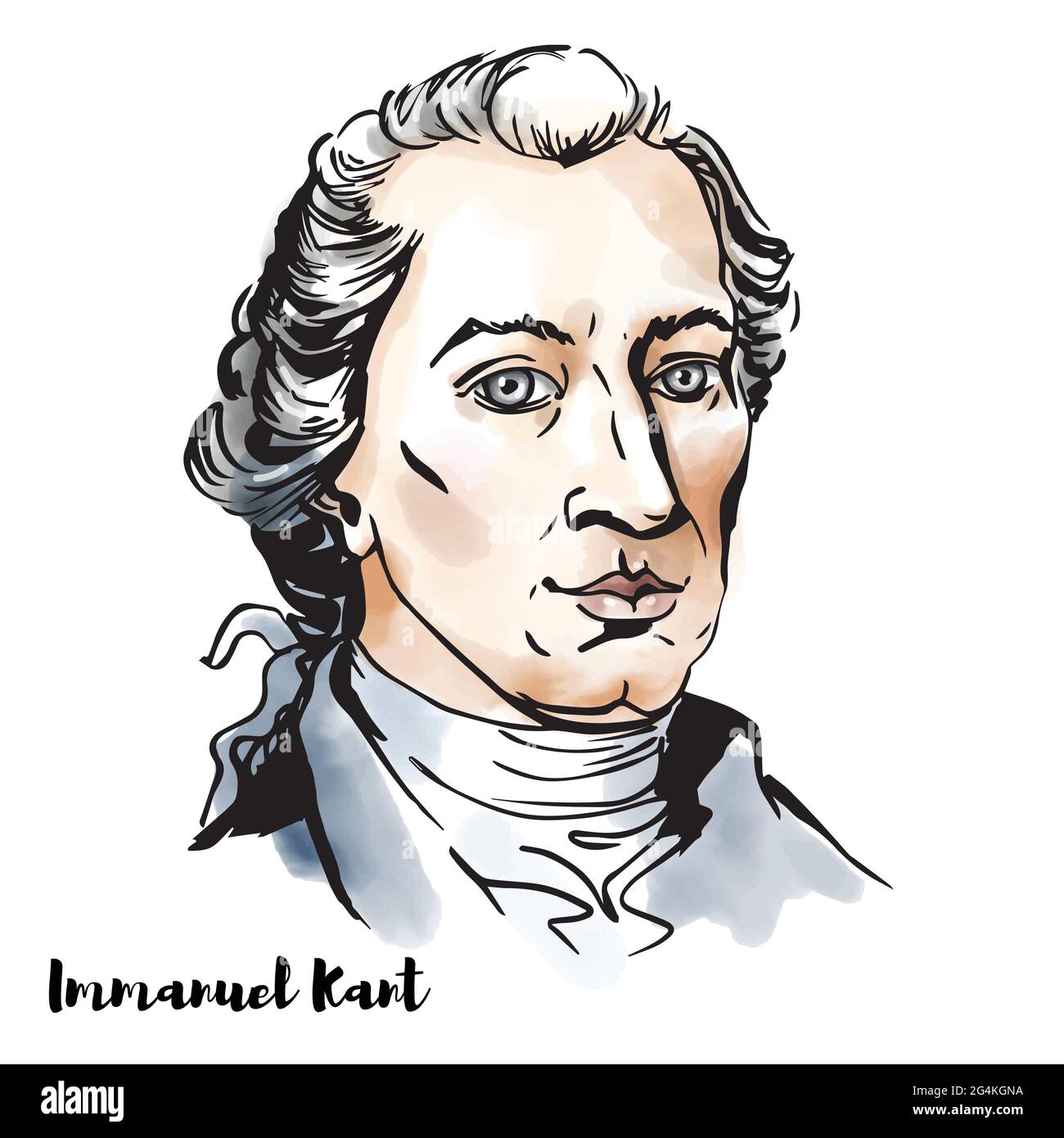 Immanuel Kant ritratto vettoriale ad acquerello inciso con contorni d'inchiostro. Influente filosofo tedesco prussiano nell'era dell'Illuminismo. Illustrazione Vettoriale