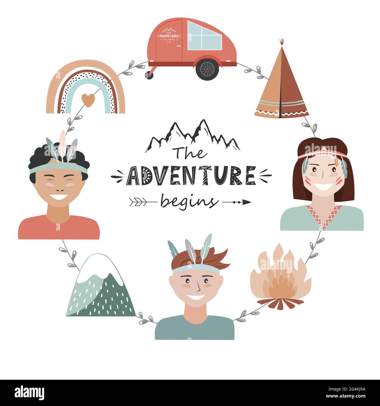 Concetto di campeggio per bambini in stile tribale, cornice di avventura con la scritta Adventure Begins. Ricreazione e sfondo di viaggio all'aperto, vettore Illustrazione Vettoriale