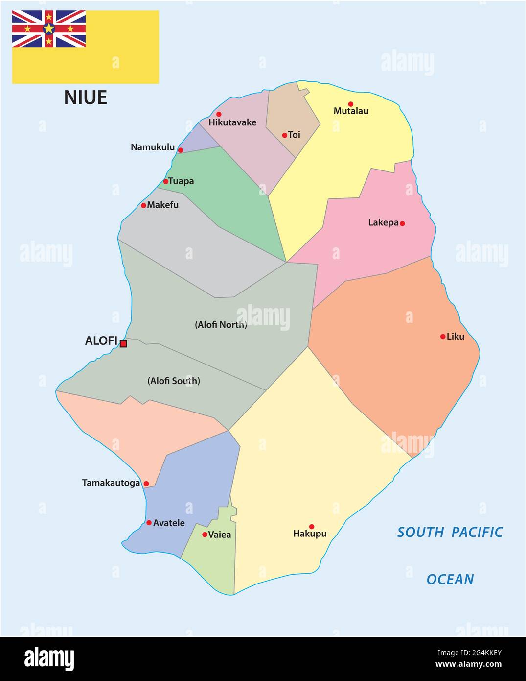 Mappa amministrativa vettoriale dell'isola di Niue nel Sud Pacifico Illustrazione Vettoriale