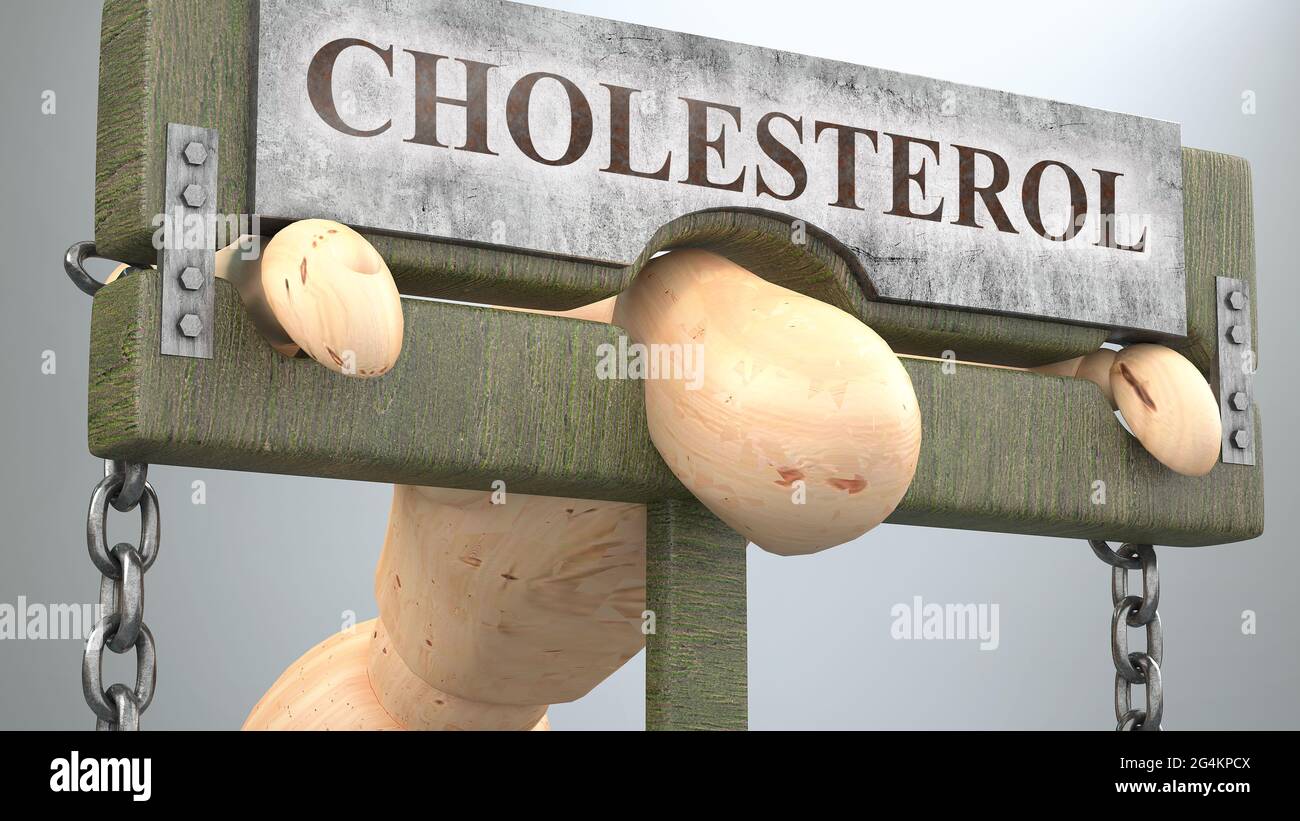 Colesterolo che colpiscono e distruggono la vita umana - simbolizzato da una figura in pillory per mostrare l'effetto del colesterolo e come cattivo, limitante e negativo imp Foto Stock