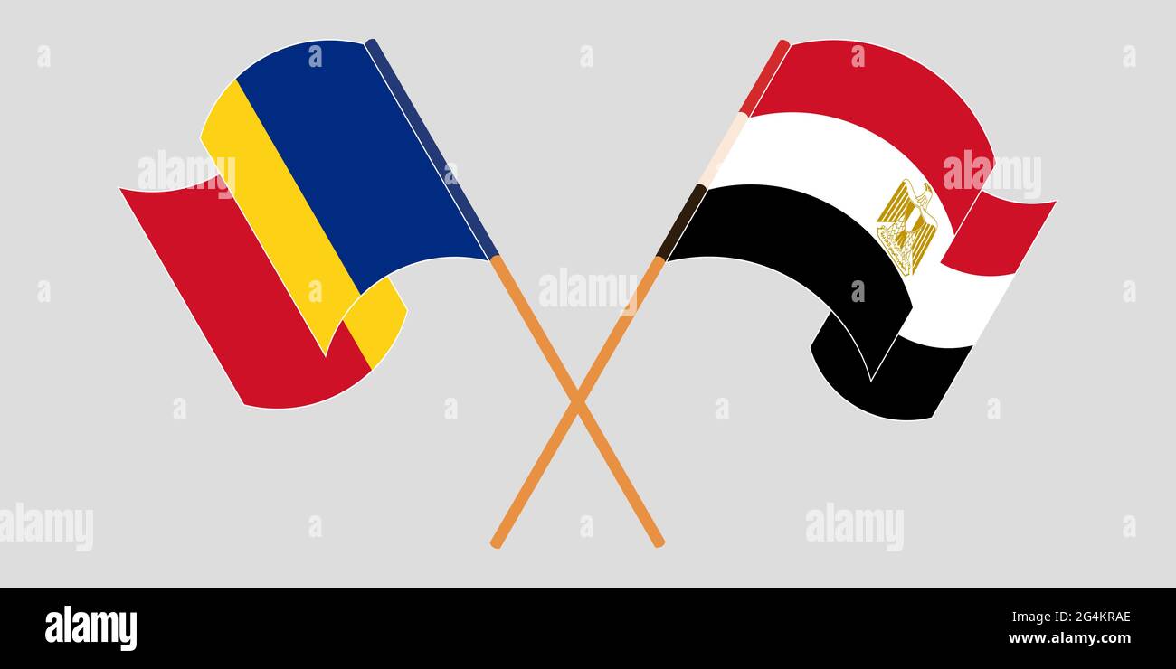 Bandiere incrociate e sventolanti di Egitto e Romania. Illustrazione vettoriale Illustrazione Vettoriale