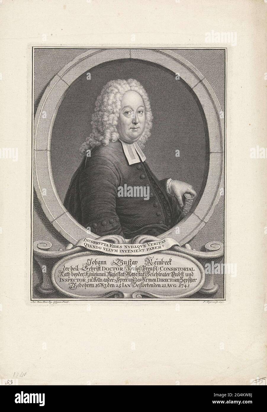 . Ritratto di Johann Gustav Reinbeek, teologo tedesco. Sotto il ritratto una cartouche con il suo nome e i suoi titoli. Foto Stock