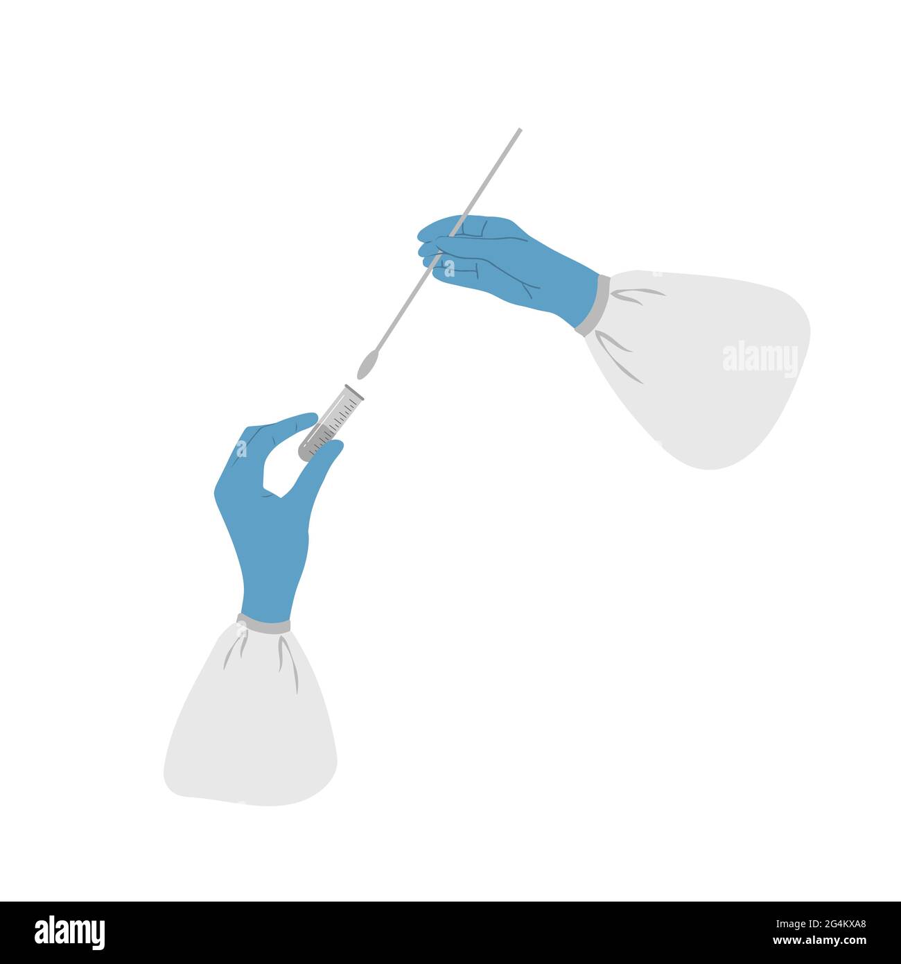 Test PCR. I guanti per uso medico tengono la provetta con il campione. Tampone nasale, analisi di laboratorio dei biomateriali. Covid-19 Coronavirus test per Illustrazione Vettoriale