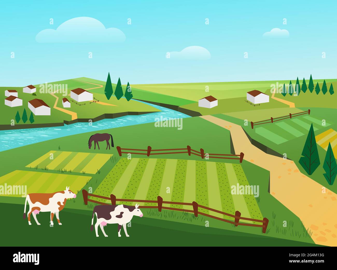 Mucche pascolano in campagna villaggio estate paesaggio illustrazione vettoriale. Vacca di cartone animato animali domestici pascolo in pascolo verde, allevamento di bovini da latte, casali e giardini, sfondo del paesaggio fluviale Illustrazione Vettoriale