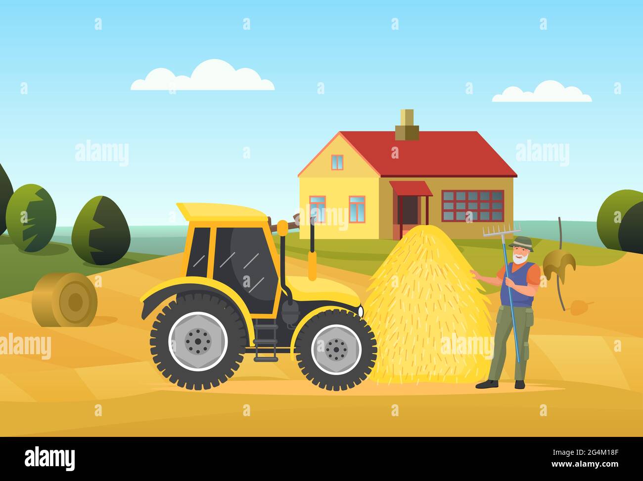Gli agricoltori lavorano in villaggio rurale paesaggio illustrazione vettoriale. Cartoon uomo anziano personaggio lavoratore che tiene la forchetta, in piedi accanto alla macchina agricola trattore e fiammifero su sfondo campo Illustrazione Vettoriale