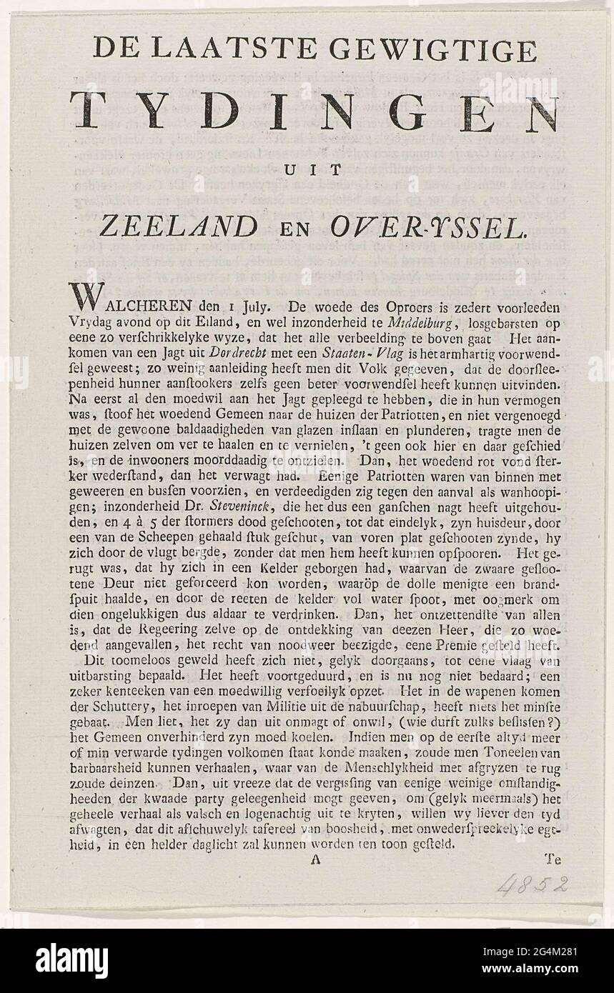 . Het Nieuwsblad 'The last wardy tyings from Zeeland and over-yssel' dall'estate 1787 con notizie sui disordini a Middelburg tra il 29 giugno e il 2 luglio 1787. Foglio doppio stampato su tre lati. Foto Stock
