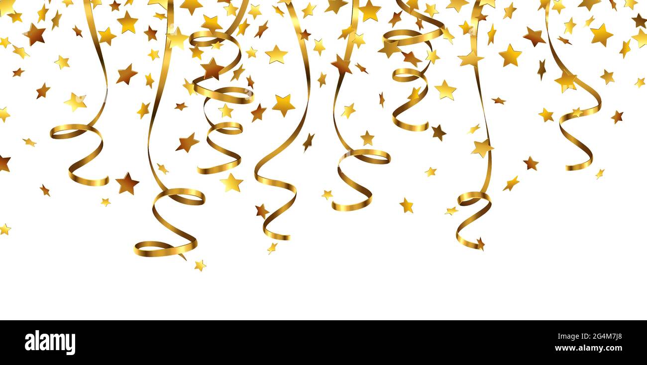 Le stelle d'oro si confettono con gli streamer appesi Illustrazione Vettoriale