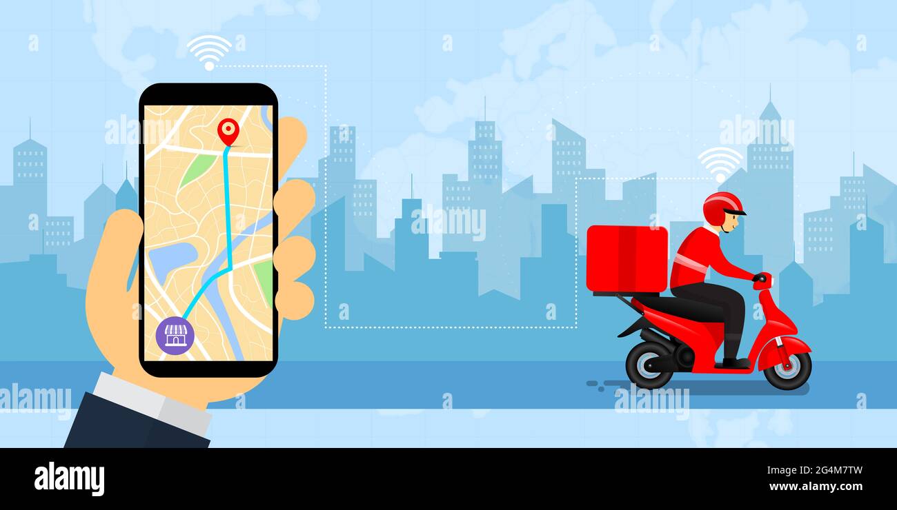 Smartphone a mano con il sorriso dell'uomo e guida una moto per la consegna con felicità, per lo shopping online logistica e concetto di trasporto Foto Stock