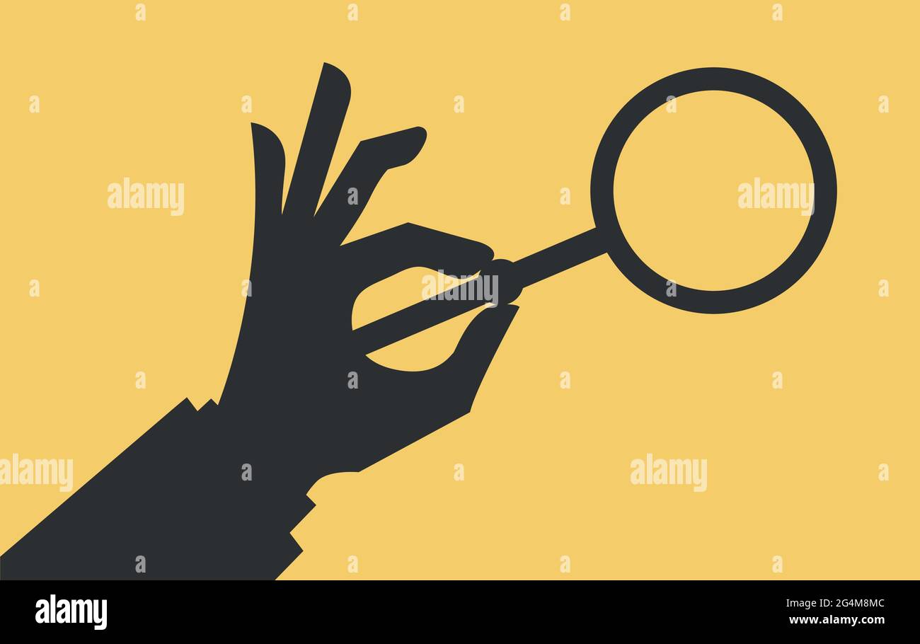 Concetto di ricerca con lente di ingrandimento con supporto manuale isolata in giallo. Vettore Illustrazione Vettoriale