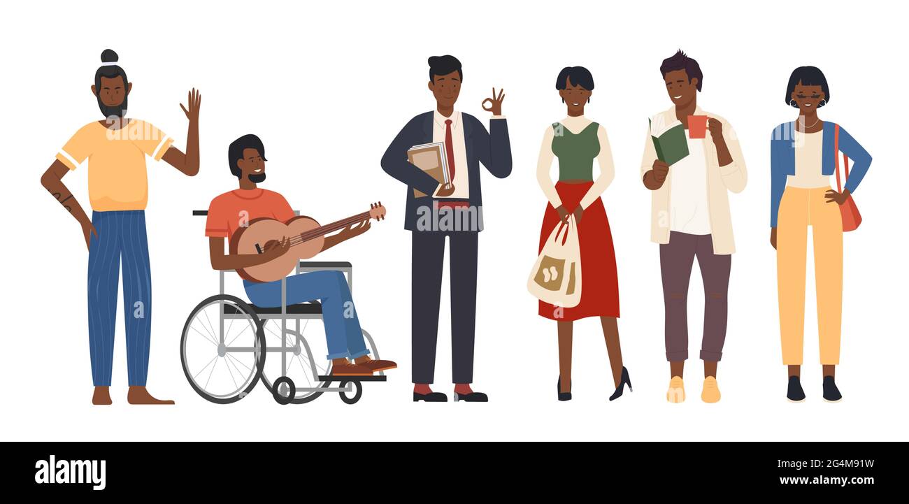 Afro american People impostare illustrazione vettoriale. Cartoon uomo donna personaggi in piedi con varie pose e gesti, indossando abiti casual, persona disabili seduta in sedia a rotelle isolato su bianco Illustrazione Vettoriale
