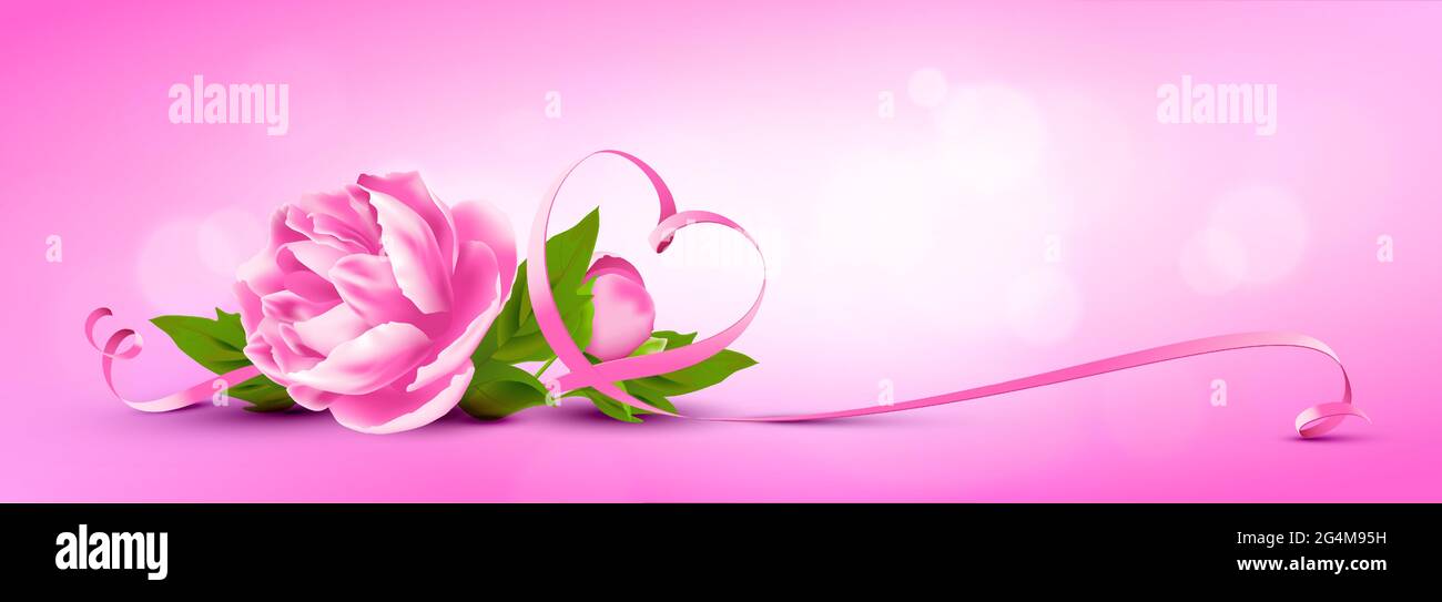 Pony rosa con nastro a forma di cuore e sfondo con luci bokeh Illustrazione Vettoriale