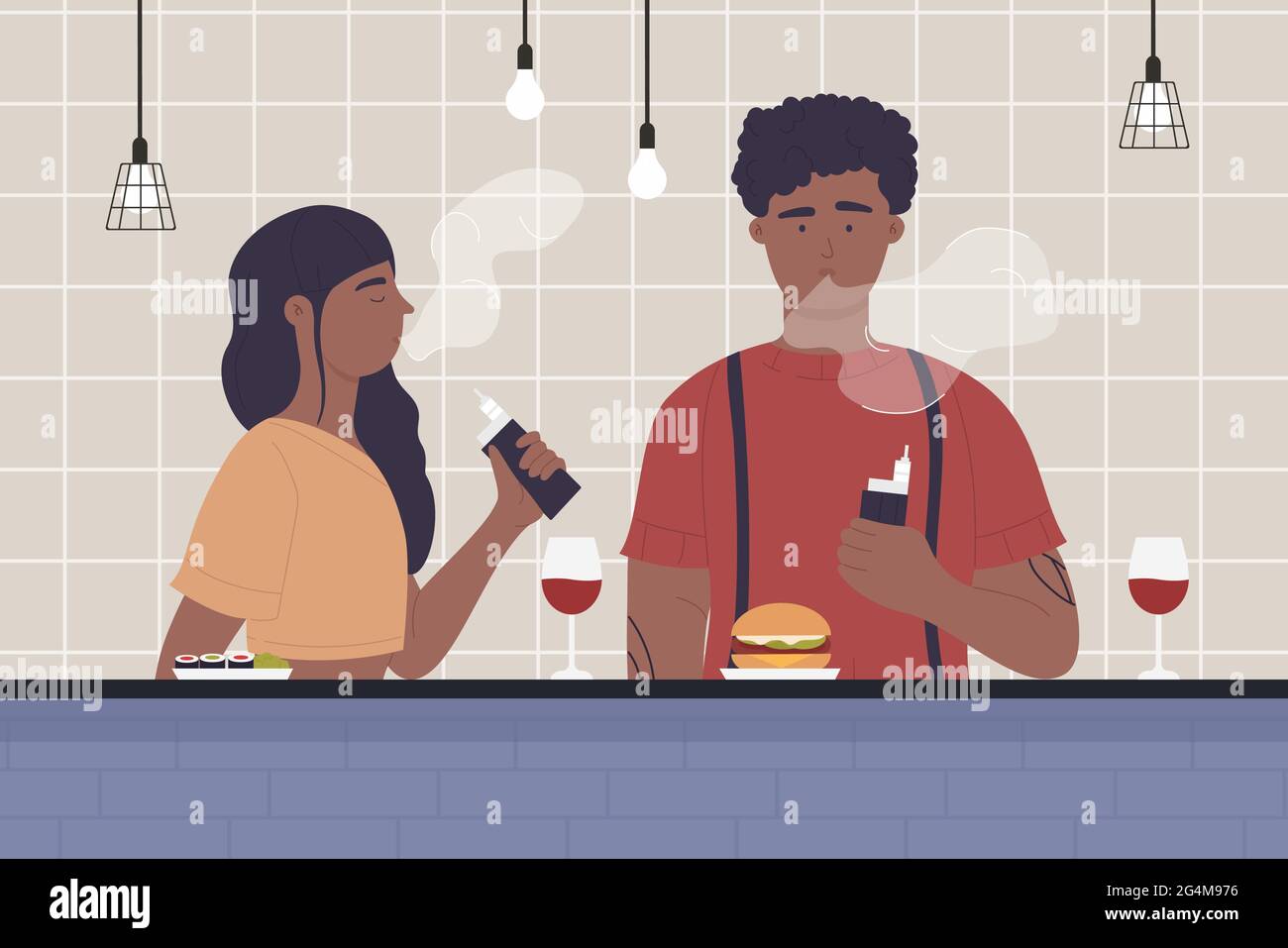 Coppia di persone che si datano al bar, romantico amore riunione scena illustrazione vettoriale. Cartoon giovane donna uomo personaggi seduti insieme, vaping, mangiare e bere vino rosso alcol alla data sfondo Illustrazione Vettoriale