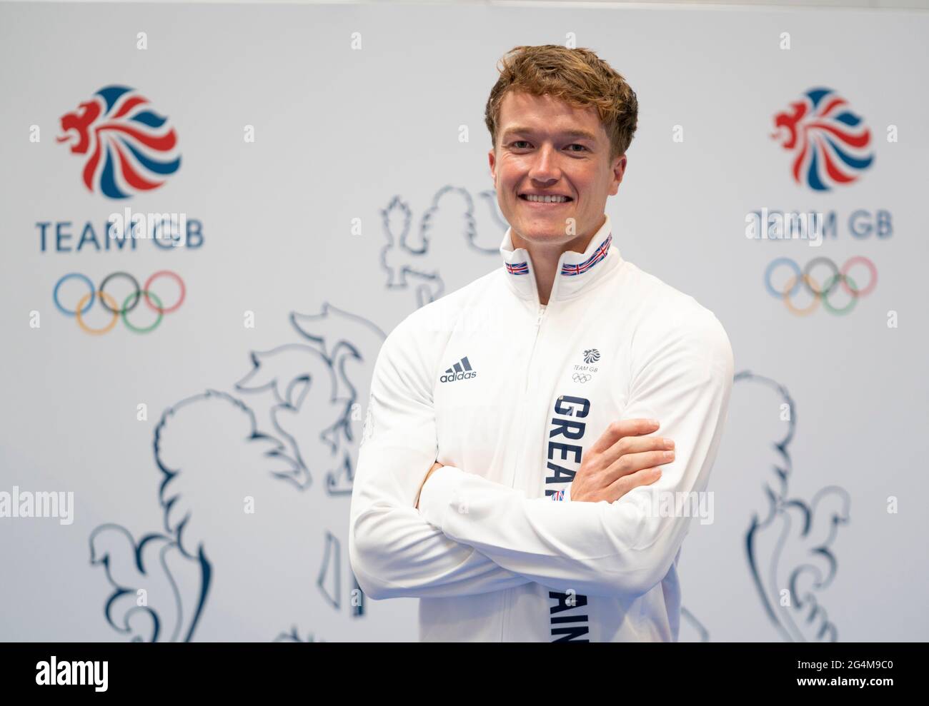 Elliot Hanson durante la sessione di kitting out per le Olimpiadi di Tokyo 2020 al Birmingham NEC, UK. Data immagine: Martedì 22 giugno 2021. Foto Stock