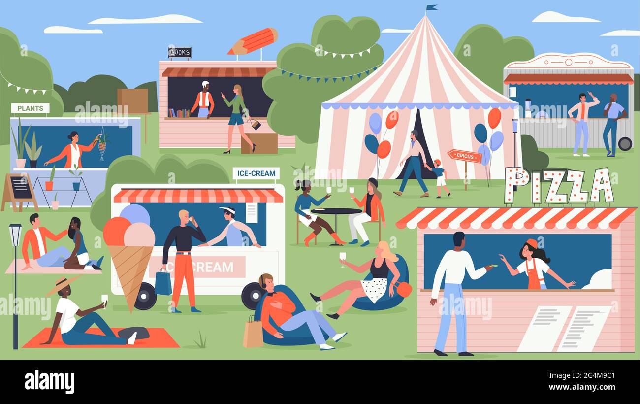 Fiera del mercato di strada, festival di fast food in città parco illustrazione vettoriale. Cartoon estate Fest, pizza, gelato chiosco mercato e circo con la folla di amici a piedi, la famiglia background Illustrazione Vettoriale