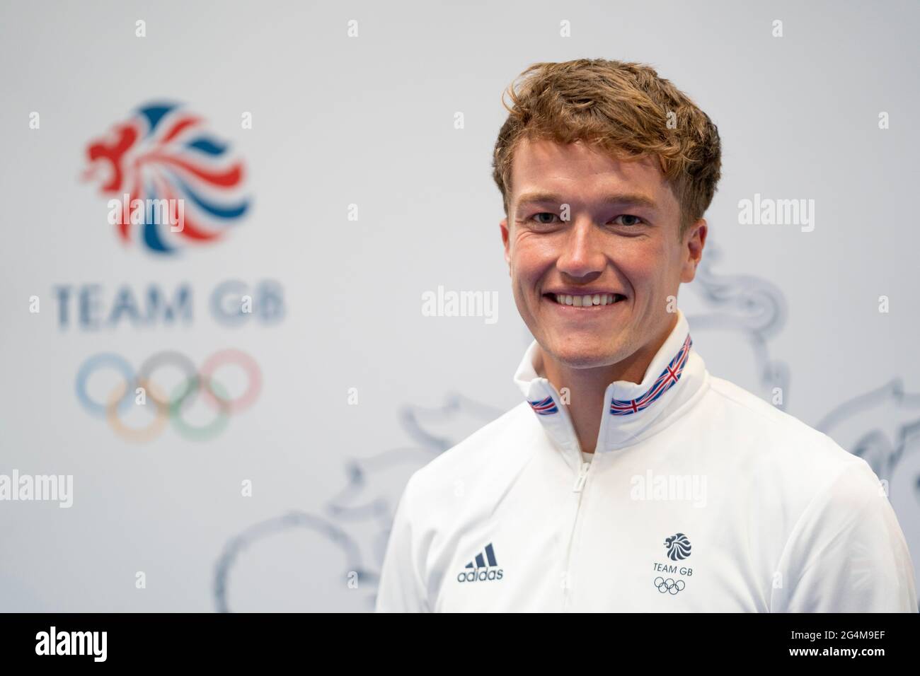 Elliot Hanson durante la sessione di kitting out per le Olimpiadi di Tokyo 2020 al Birmingham NEC, UK. Data immagine: Martedì 22 giugno 2021. Foto Stock