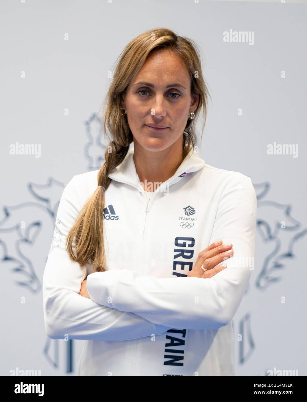 Charlotte Dobson durante la sessione di kitting out per le Olimpiadi di Tokyo 2020 al Birmingham NEC, Regno Unito. Data immagine: Martedì 22 giugno 2021. Foto Stock