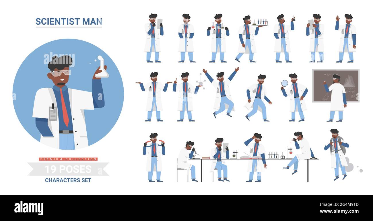 L'uomo nero scienziato afroamericano pone insieme di illustrazione vettoriale. Cartoon carattere maschile lavorando in laboratorio di ricerca scientifica, tenendo contenitore matraccio, modello di atomo, scienza lavoro postura Illustrazione Vettoriale