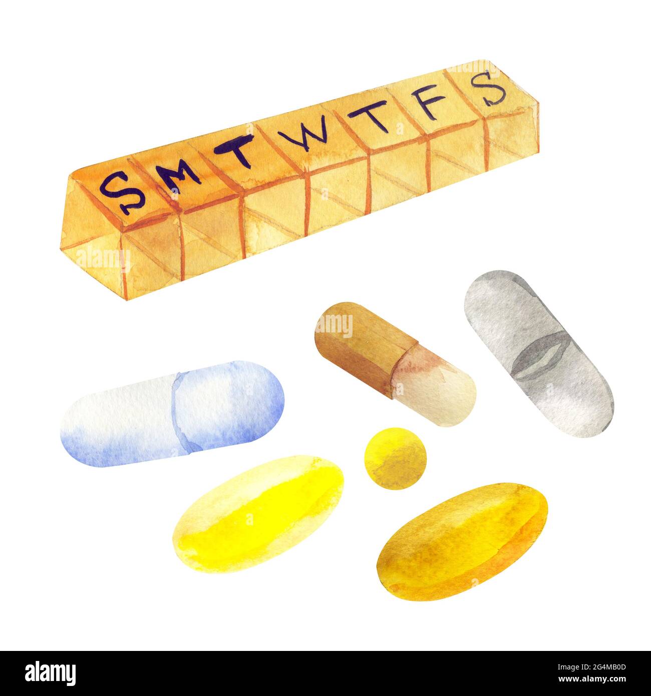 Vitamine, pillole acquerelli illustrazioni isolato su bianco Foto Stock