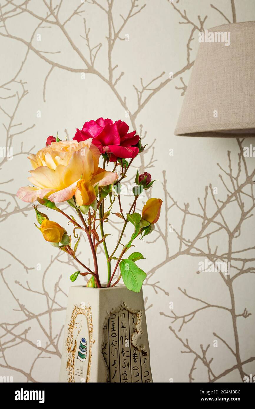 Fotografia di una rosa rossa e di una rosa gialla in un vaso marrone.e' una foto che mira a mostrare la naturalezza di un bouquet di fiori in una casa.la foto Foto Stock