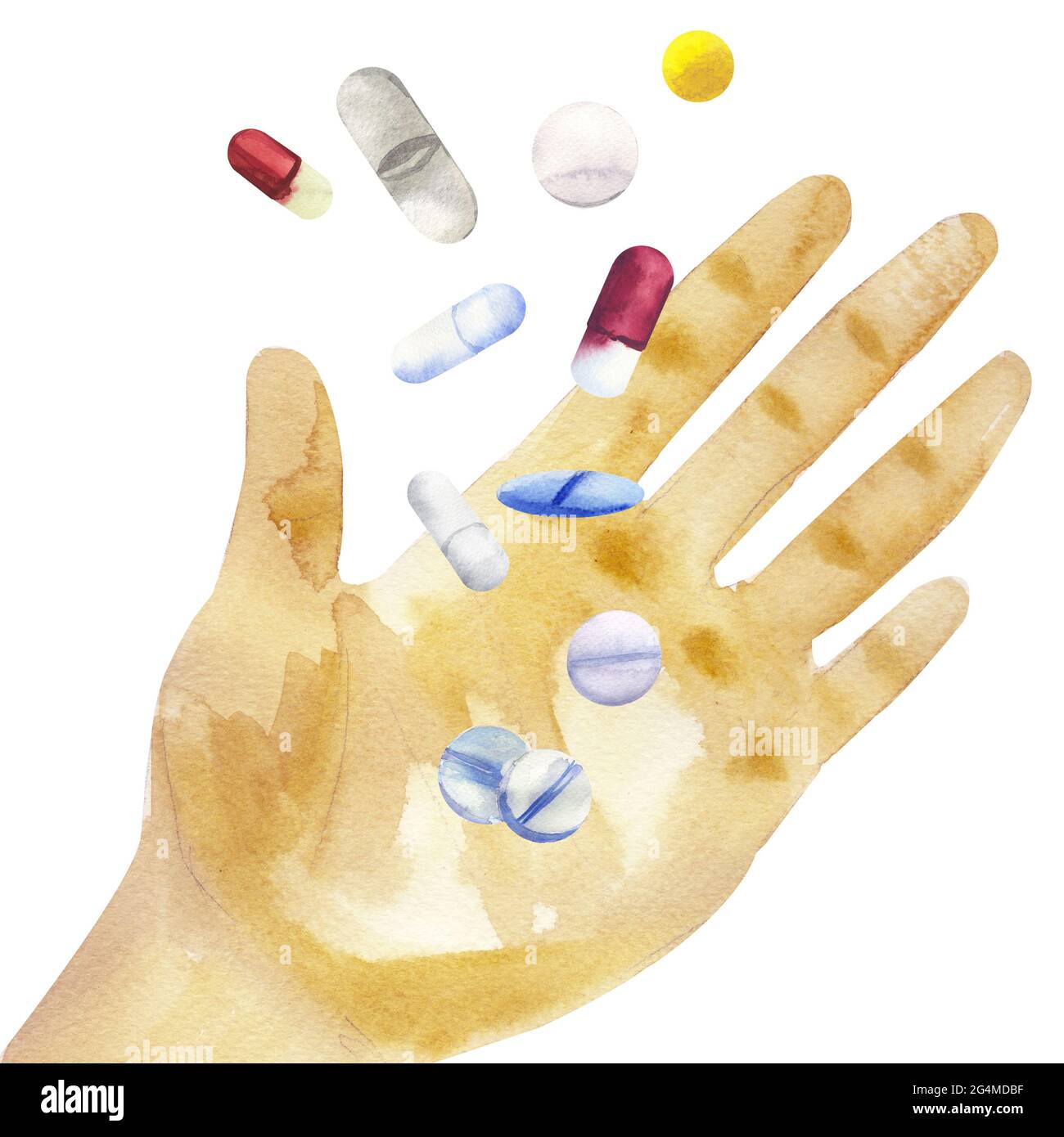 Pillole e le illustrazioni di acquerello della mano isolate su bianco Foto Stock