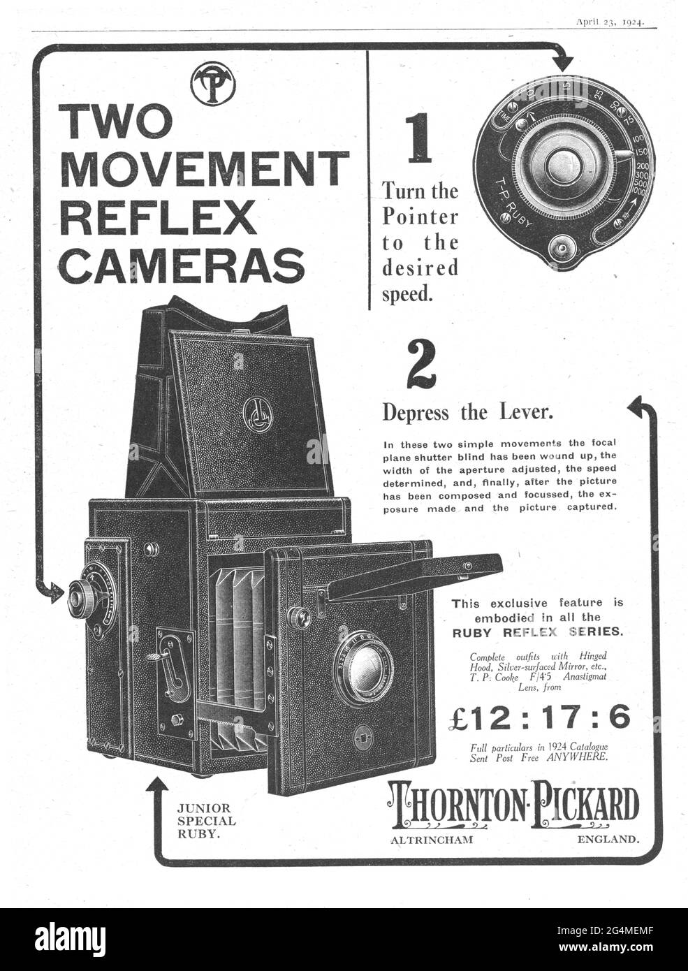 Pubblicità per la fotocamera Thornton Pickard Ruby Reflex, dalla rivista Amateur Photographer aprile 1924. Foto Stock
