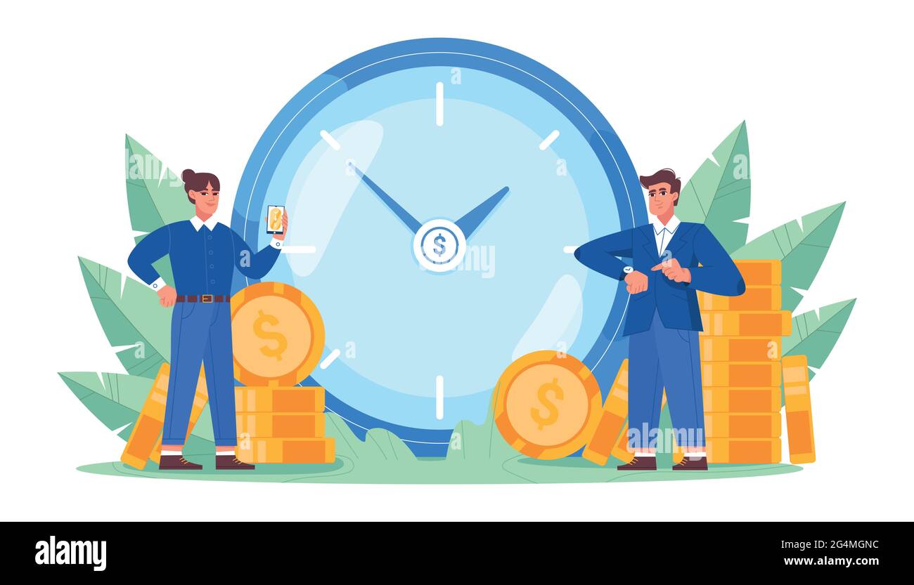 Il tempo è denaro. Investimento finanziario nel futuro del mercato azionario e pianificazione di marketing della crescita di denaro con grande orologio, monete d'oro e persone d'affari. Consente di risparmiare tempo nell'illustrazione vettoriale in stile piatto. Illustrazione Vettoriale