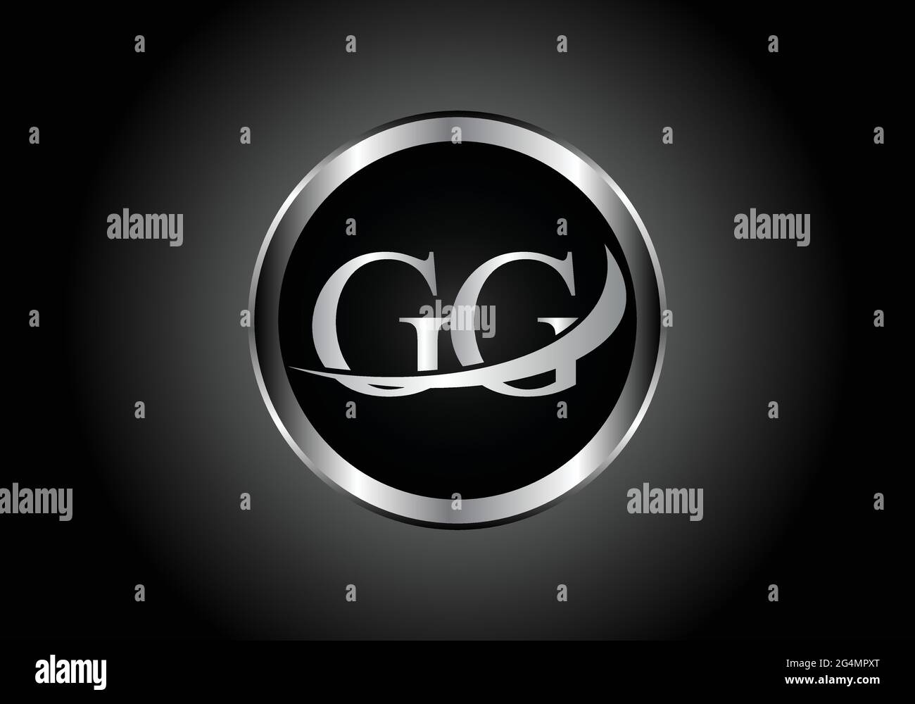 Logo a forma di lettera d'argento GG in metallo con logo a forma di alfabeto e colore grigio su un design a gradiente in bianco e nero per un'azienda o un'azienda Illustrazione Vettoriale