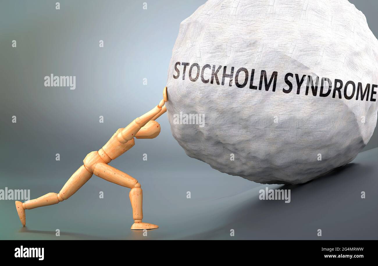 Sindrome di Stoccolma e dolorosa condizione umana, raffigurata come una figura umana di legno che spinge il peso pesante per mostrare quanto può essere difficile affrontare Stockho Foto Stock