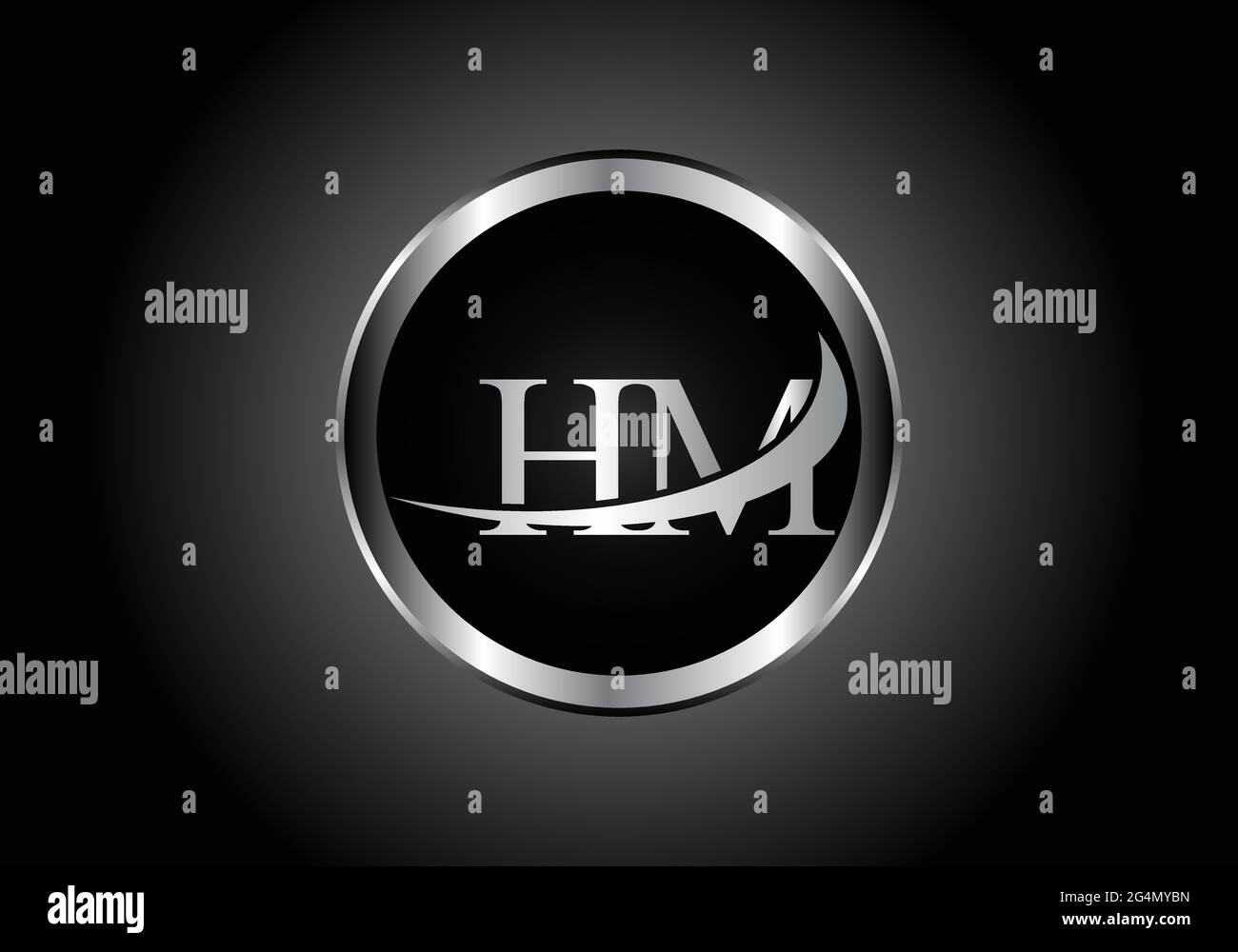 Logo combinato in metallo con lettera d'argento HM con logo a forma di alfabeto e colore grigio su disegno in gradiente bianco e nero per un'azienda o un'azienda Illustrazione Vettoriale