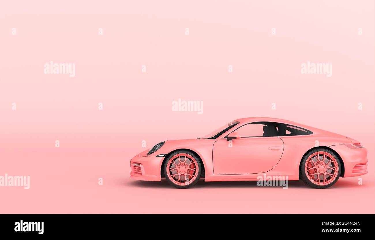supercar rosa su sfondo rosa copyspace. rendering 3d. Foto Stock