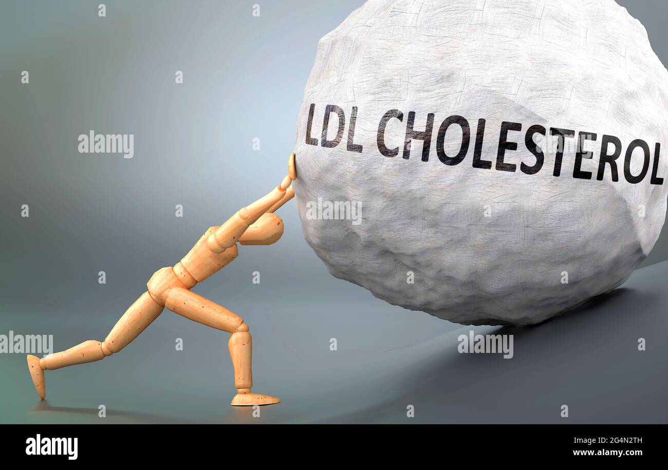 Colesterolo LDL e dolorosa condizione umana, raffigurata come una figura umana di legno che spinge il peso pesante per mostrare quanto può essere difficile affrontare i coloni LDL Foto Stock